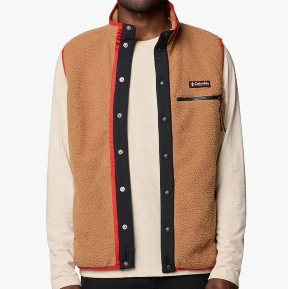 COLUMBIA Fleece VEST TAN RED BLACK Snap Front XL Mens Helvetia II NEW $75 ZIP - Picture 3 of 7